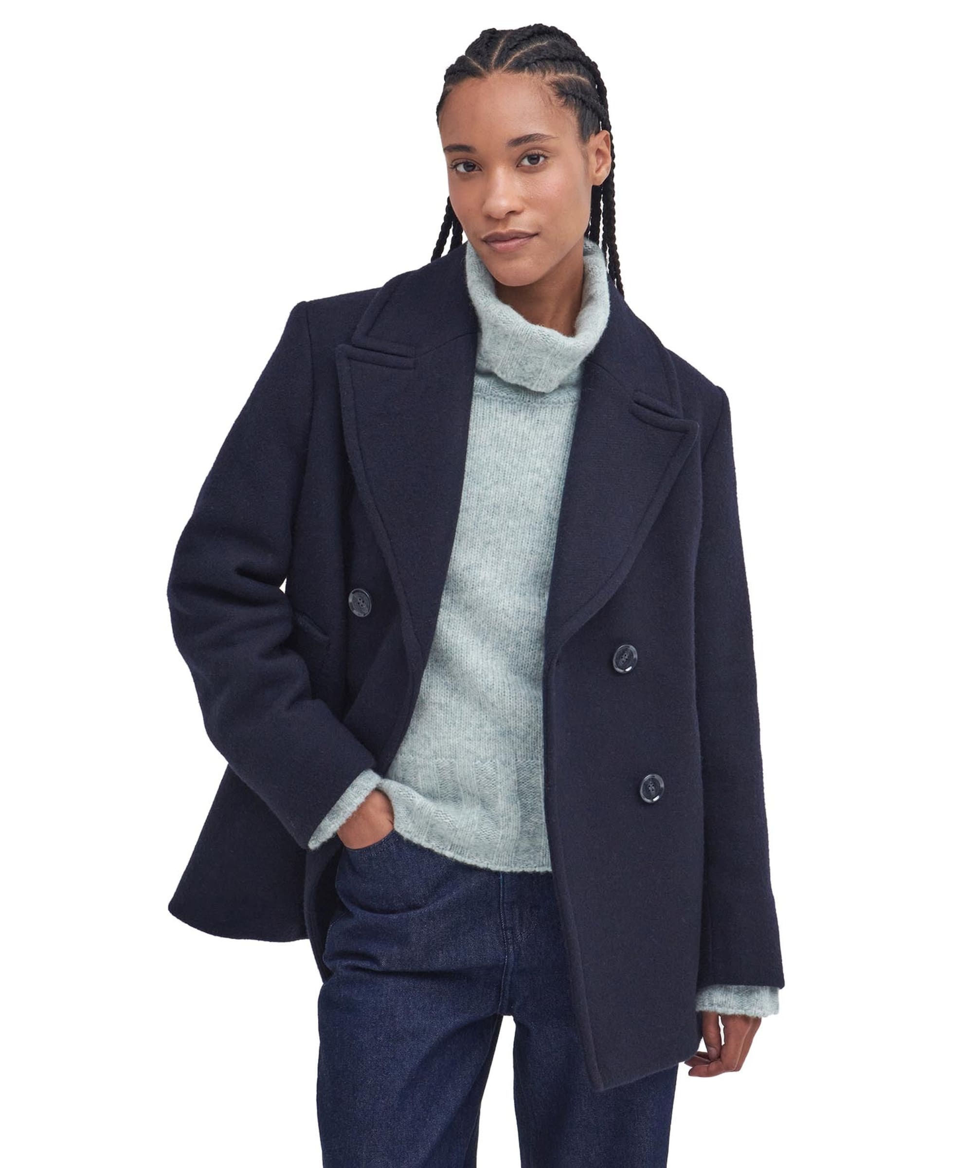 Navy Pea Dark Blue Wool Coat Womens Women's Reefer Jacket, Navy