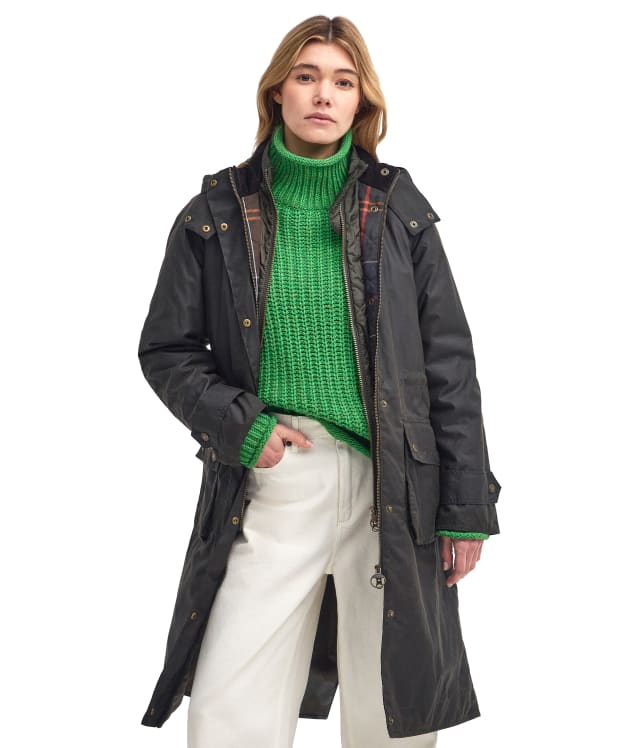 Women's Barbour Long Cannich Waxed Jacket - Olive / Classic Tartan