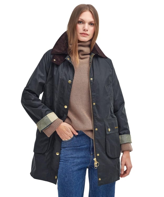 Women's Barbour Long Beadnell Waxed Jacket - Sage / Ancient Tartan