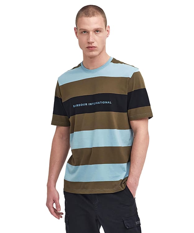 Men's Barbour International Motor Hoop T-Shirt - Military Olive / Concrete Blue / Black