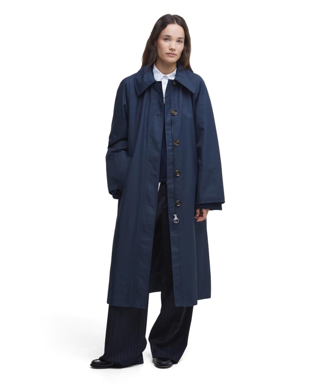 Women's Barbour Beatrix Showerproof Trench Coat - Navy / Sky Dress Tartan