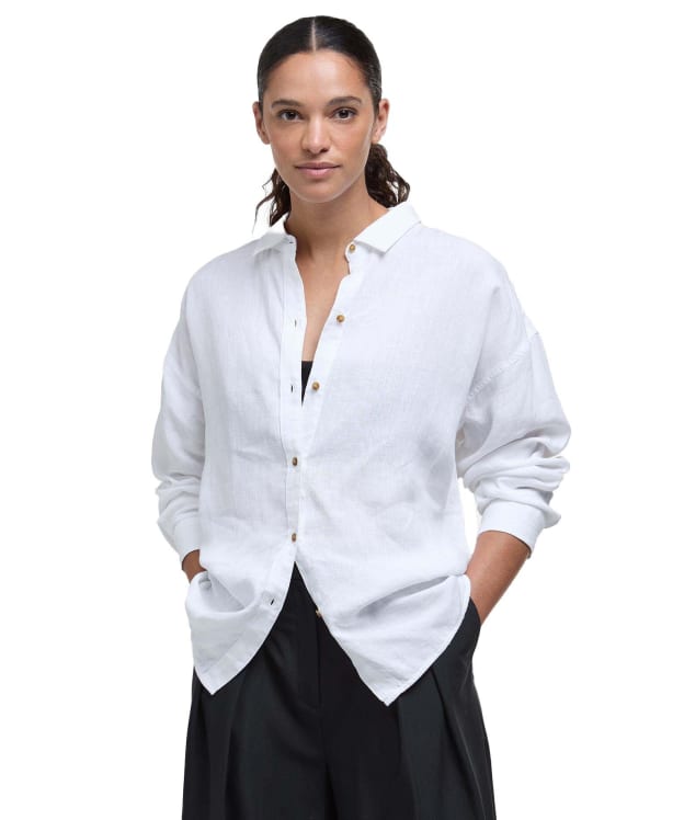 Women's Barbour Hampton Relaxed Fit Linen Shirt - White / Safari Dress Tartan