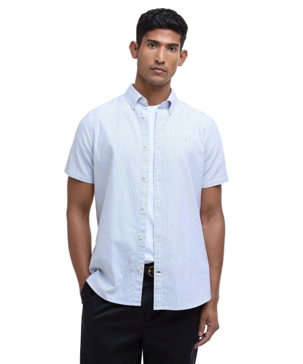 Men's Barbour Striped Oxtown Short Sleeve Tailored Fit Cotton Shirt - Navy