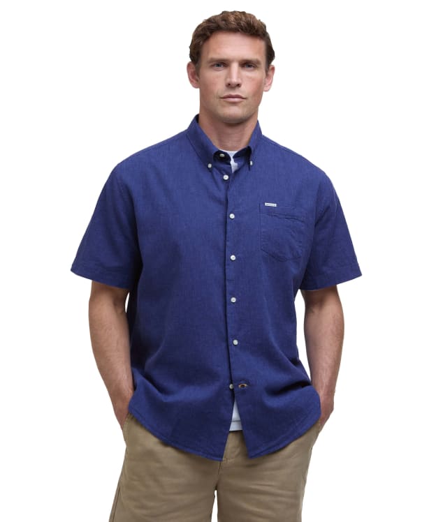 Men's Barbour Nelson Short Sleeve Linen Blend Regular Fit Shirt - Indigo