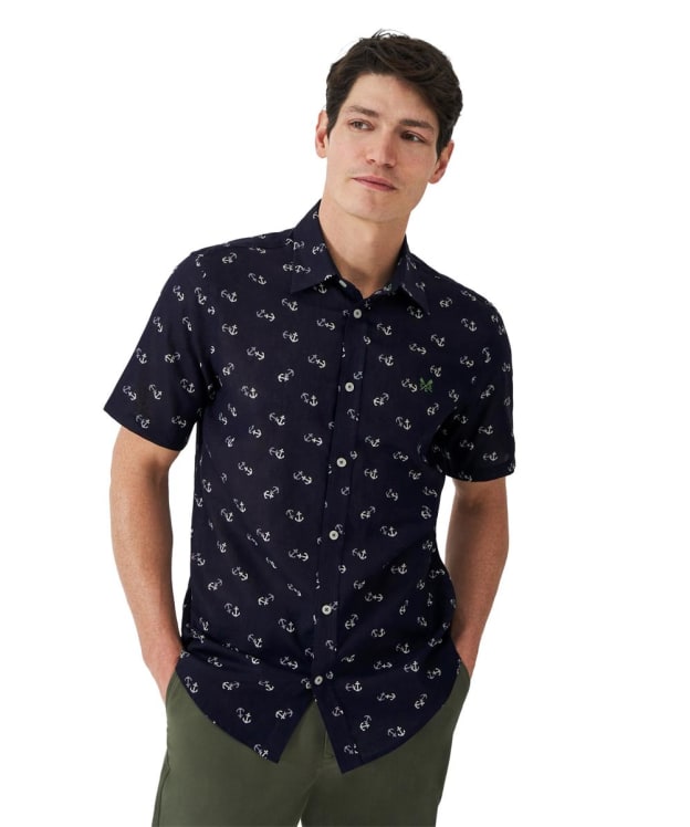 Men's Crew Clothing Short Sleeve Anchor Print Linen Shirt - Heritage Dark Navy