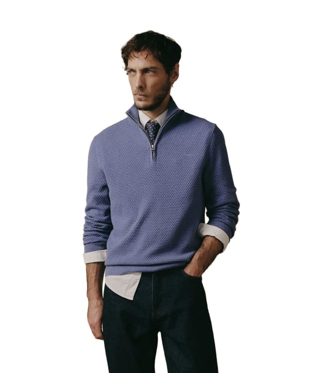 Men's GANT Textured Cotton Merino Half Zip Sweater - Denim Blue Melange