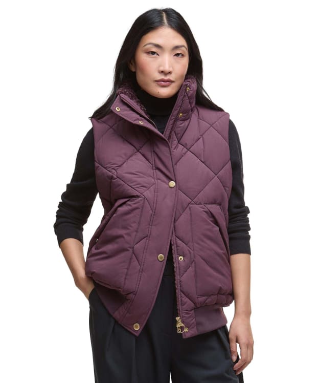 Women's Barbour Becky Puffer Gilet - Black Cherry / Dark Brown / Muted Tartan