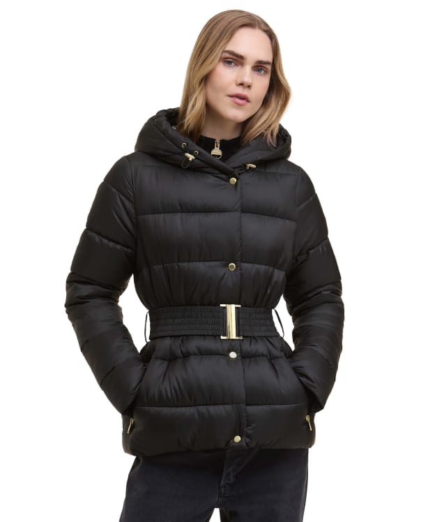 Women's Barbour International Short Track Line Puffer Jacket - Black / Jasmine Leopard Print