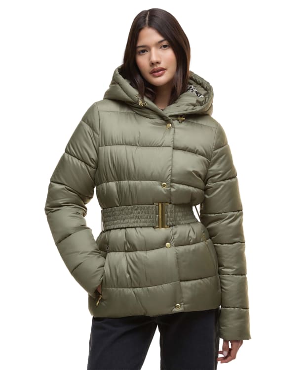 Women's Barbour International Short Track Line Puffer Jacket - Dusky Khaki / Jasmine