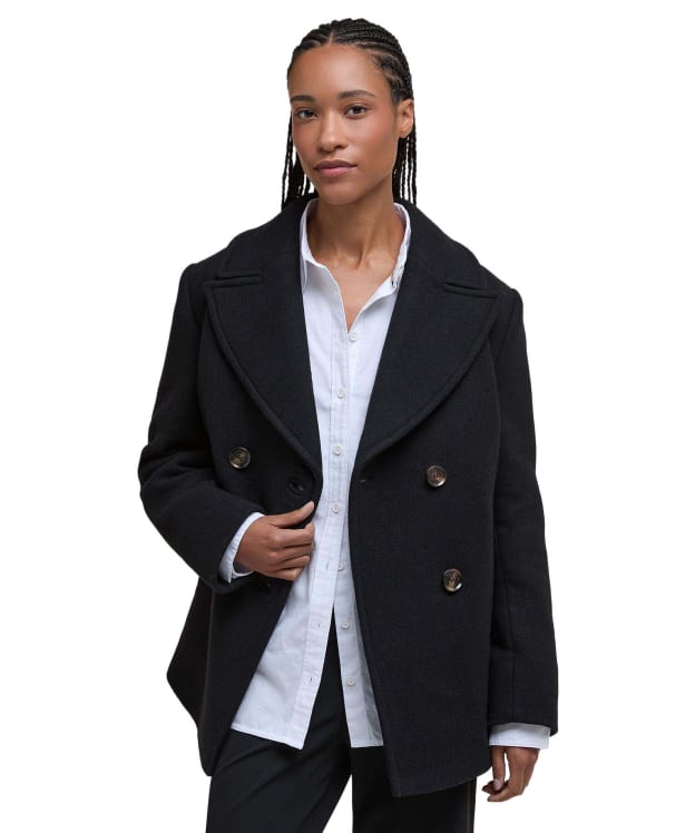Women's Barbour Indie Military Wool Peacoat - Black / Onyx Tartan