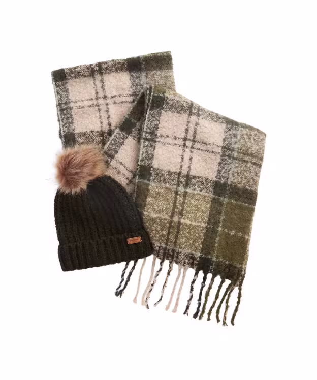 Barbour Saltburn Beanie & Tartan Scarf Set - Ancient Loden / Dark Green