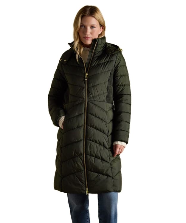 Women's Joules Pembury Showerproof Longline Quilted Jacket - Khaki Green
