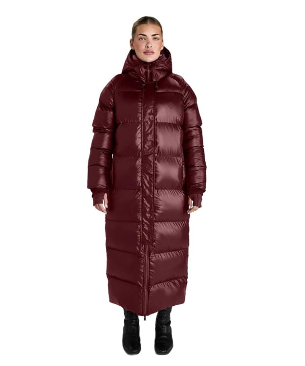 Women's Aztec Diamond Heavy Quilted Long Puffer Coat - Cherry