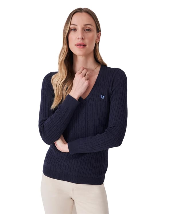 Women's Crew Clothing V-Neck Heritage Cable Knit Sweater - Heritage Navy