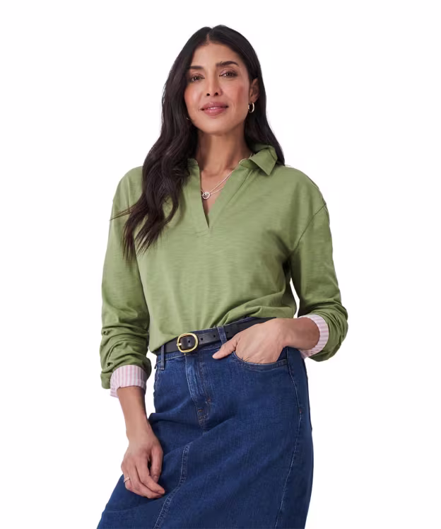 Women's Crew Clothing Flip Collar Slub Jersey Top - Oil Green