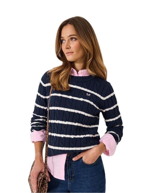 Women's Crew Clothing Crew Neck Chunky Heritage Cable Knit Sweater - Navy / White Stripe