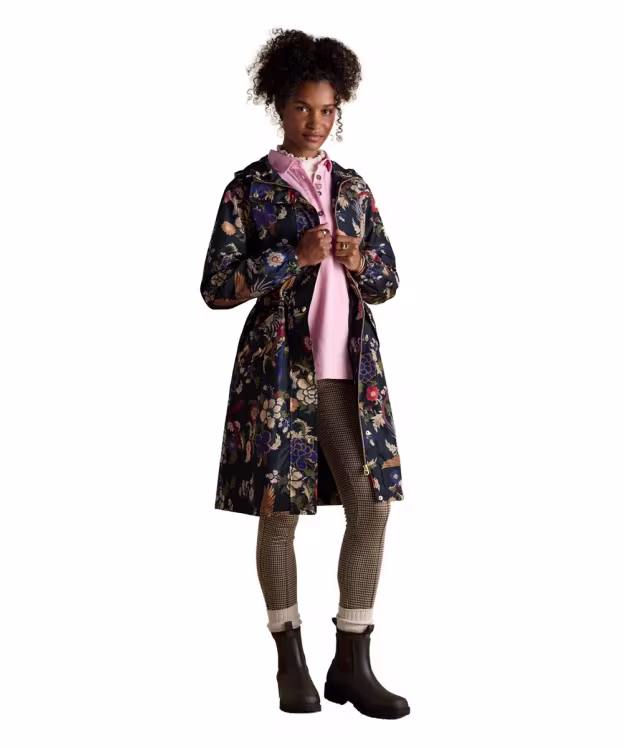 Women's Joules Holkham Waterproof Packable Raincoat - Navy Bird Floral