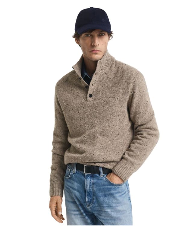 Men's GANT Wool Blend Neps Half Buttoned Sweater - Dark Sand Melange