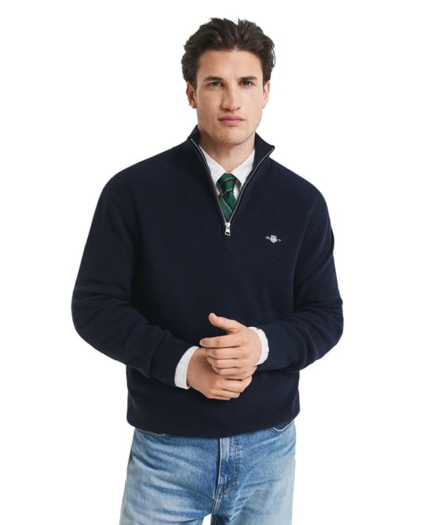 Men's GANT Cotton Merino Ribbed Half Zip Sweater - Evening Blue