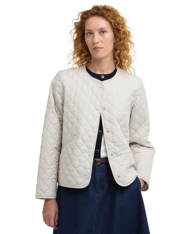 Women's Barbour Cashel Collarless Quilted Jacket - Mist / Dress Navy tartan