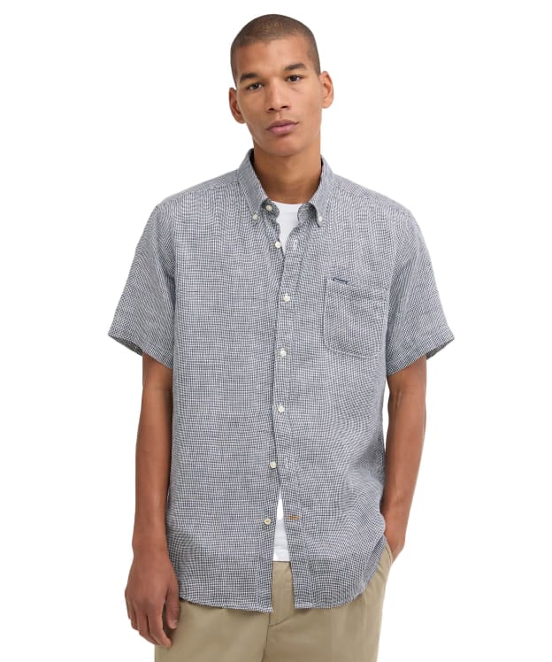 Men's Barbour Linton Linen Short Sleeved Tailored Shirt - Dark Navy