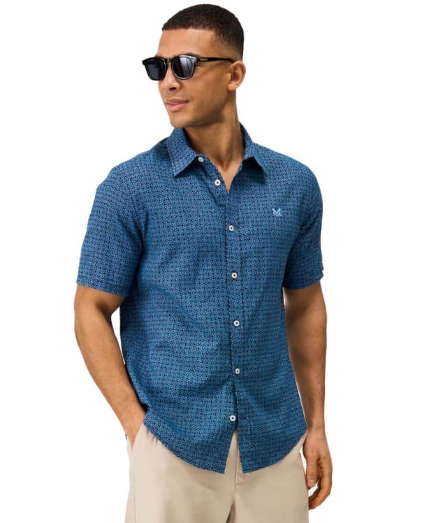 Men's Crew Clothing Short Sleeve Linen Geo Print Shirt - Navy