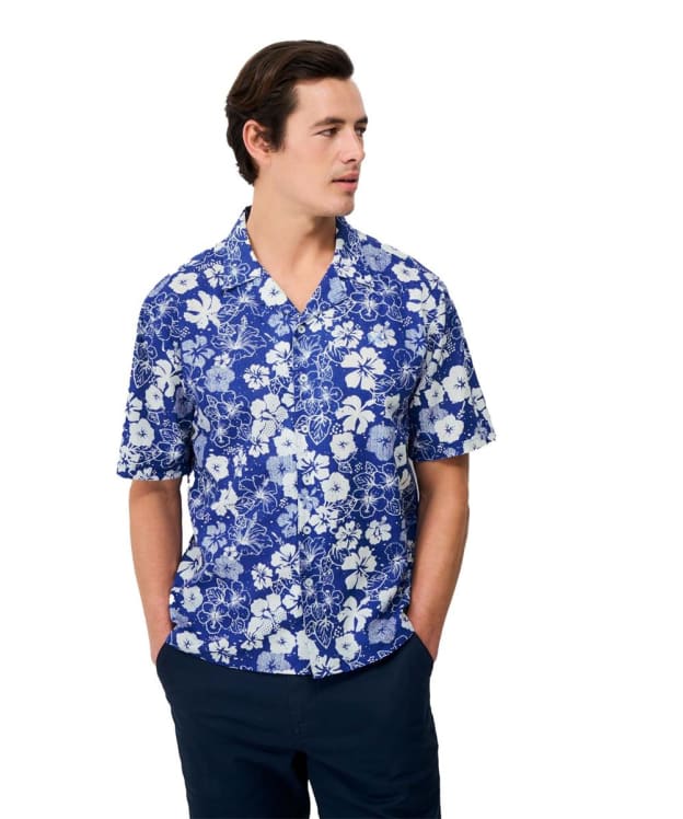 Men's Crew Clothing Short Sleeve Linen Hibiscus Print Revere Collar Shirt - Strong Blue