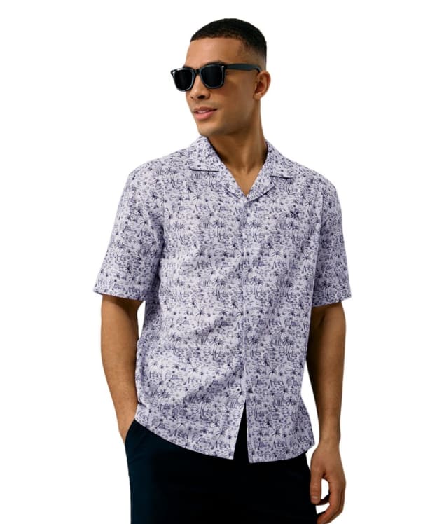 Men's Crew Clothing Short Sleeve Tropical Print Revere Collar Shirt - Blue / Pristine