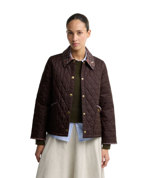 Women's Barbour Icons Tartan Collar Cropped Liddesdale Quilted Jacket - Rustic / Muted