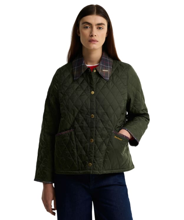 Women's Barbour Icons Tartan Collar Cropped Liddesdale Quilted Jacket - Olive / Classic Tartan