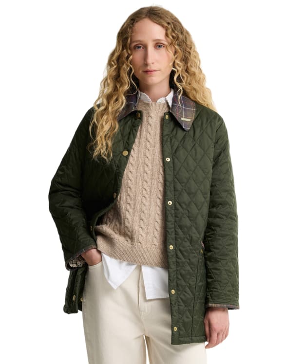 Women's Barbour Icons Tartan Collar Modern Liddesdale Quilted Jacket - Olive / Classic Tartan