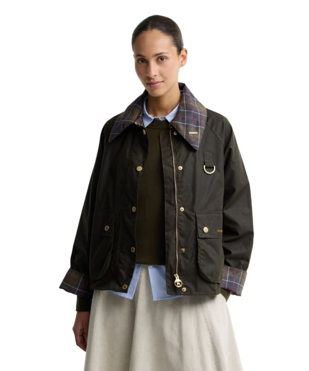 Women's Barbour Icons Tartan Collar Spey Waxed Jacket - Olive / Classic Tartan