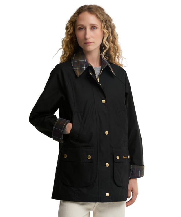 Women's Barbour Icons Tartan Collar Modern Beadnell Waxed Jacket - Black / Ancient 