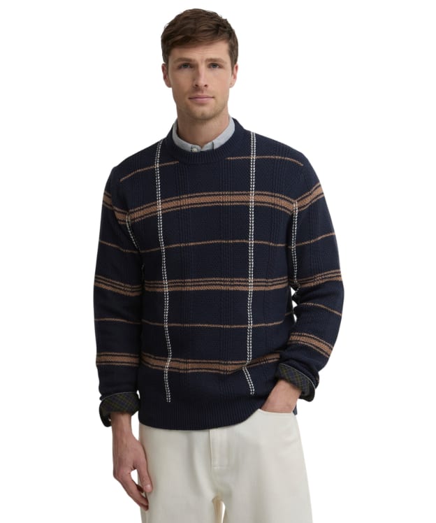 Men's Barbour Fasey Cable Tartan Crew Neck Knitted Jumper - Navy