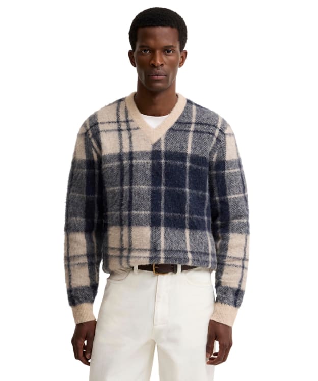 Men's Barbour Hunham Tartan V-Neck Knitted Jumper - Stone