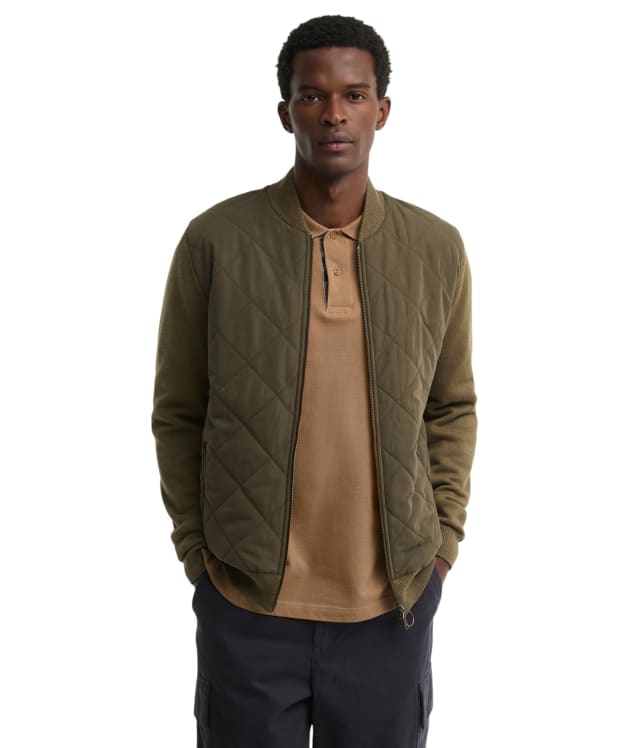 Men's Barbour Quilted Front Knitted Zip Through Jumper - Olive