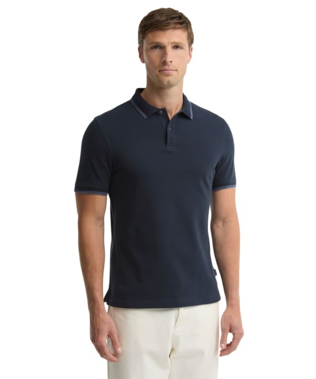 Men's Barbour Lunan Tartan Trimmed Tailored Polo Shirt - Navy