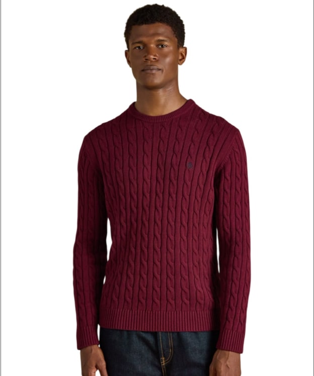 Men's Joules Cable Knit Crew Neck Jumper - Burgundy Red