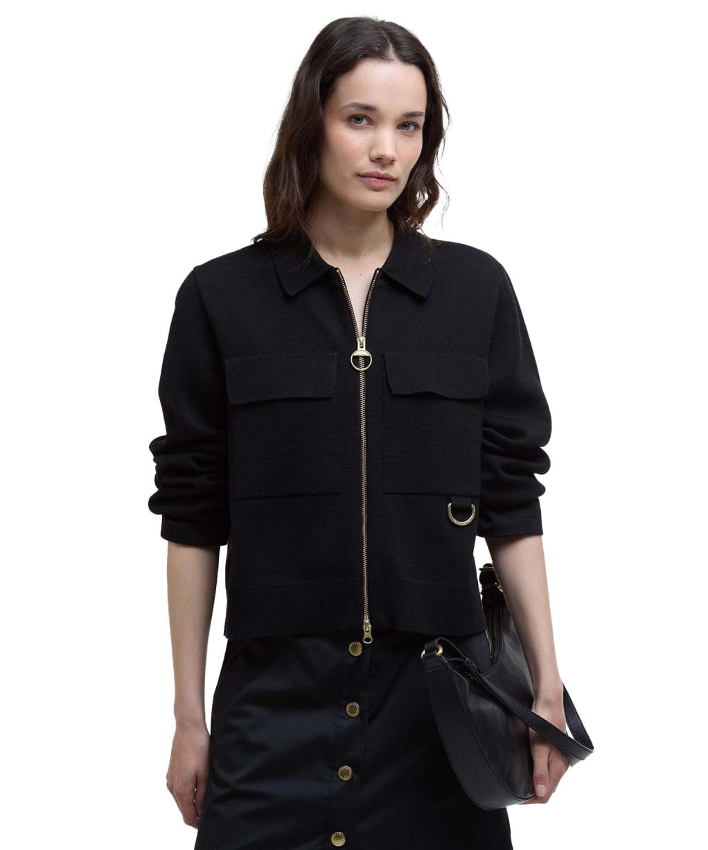 Women's Barbour Alma Knitted Zip Through Cardigan - BLACK/OATMEAL