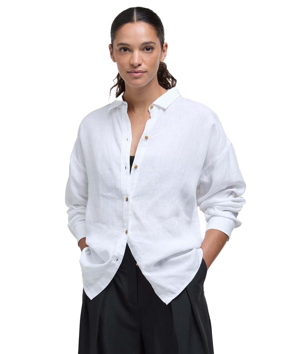 Women's Barbour Hampton Relaxed Fit Linen Shirt - White / Safari Dress Tartan