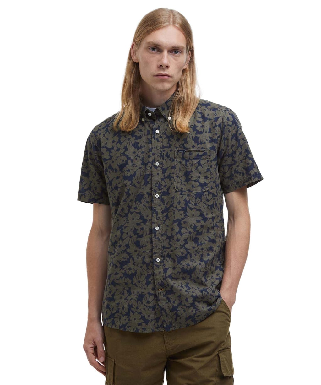 Men's Barbour Sidmouth Printed Short Sleeve Tailored Fit Shirt - Navy
