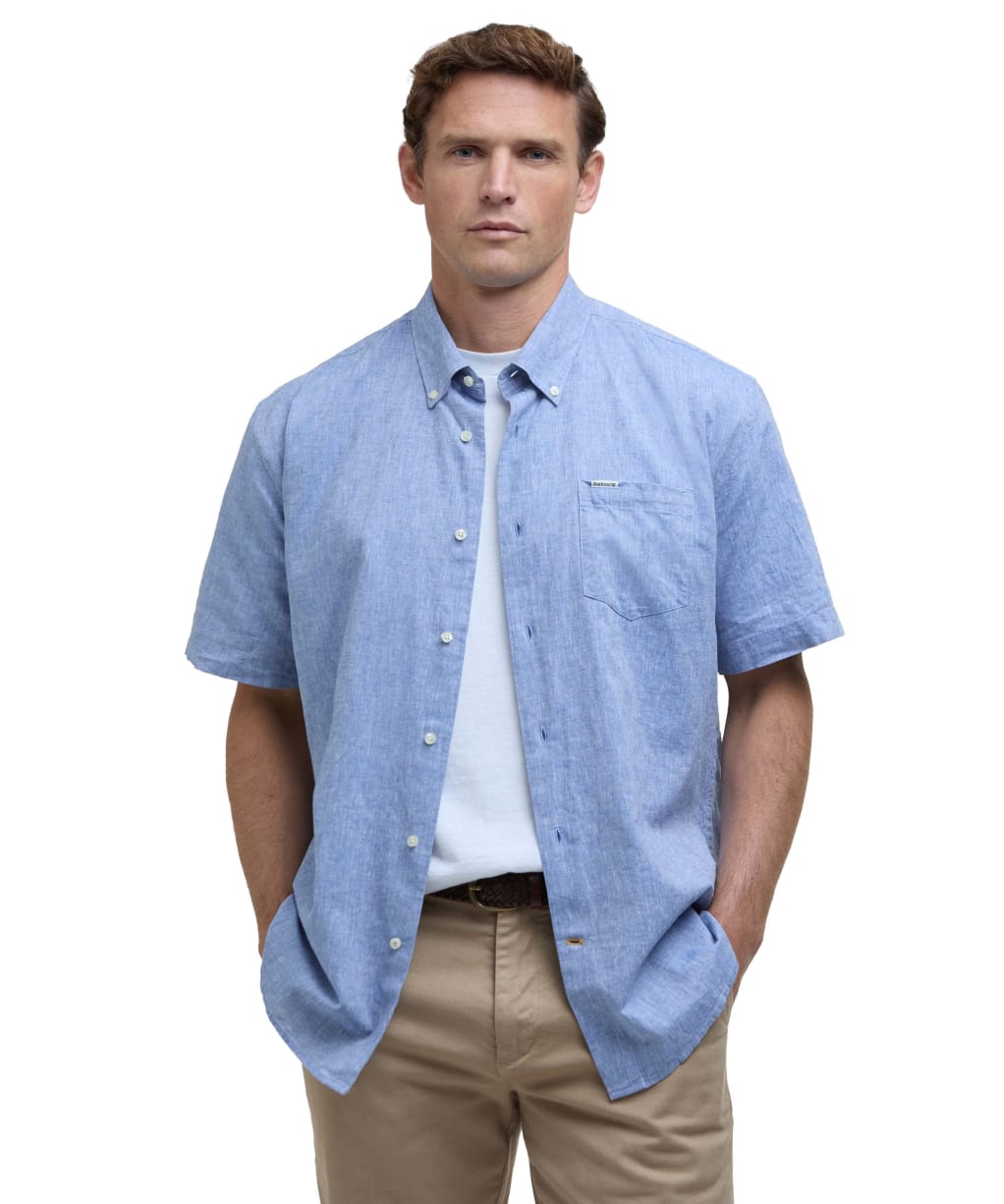 Men's Barbour Nelson Short Sleeve Linen Blend Regular Fit Shirt - Blue