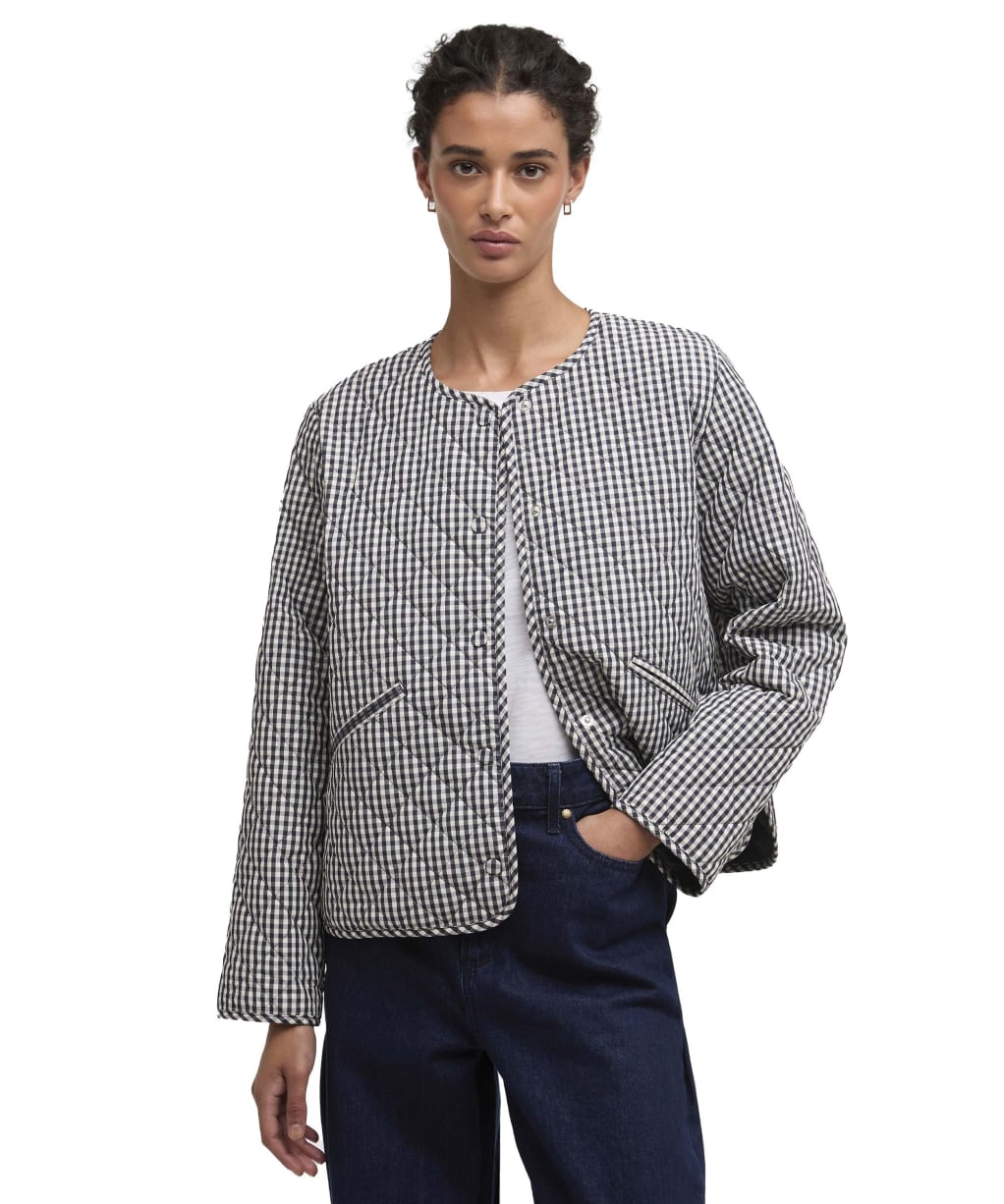 Women's Barbour Cashel Check Collarless Quilted Jacket - Navy Gingham / Dark Navy