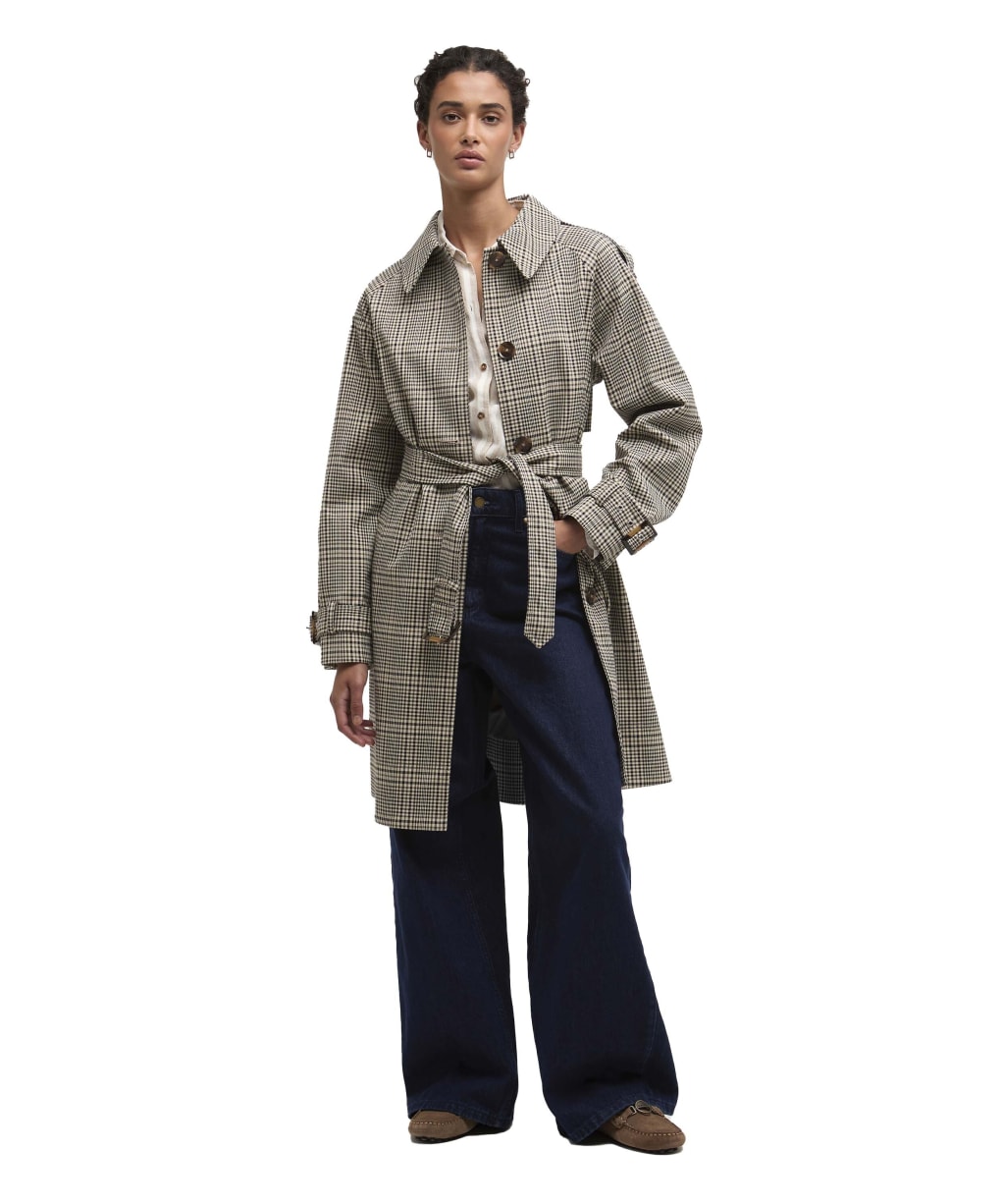 Women's Barbour Maia Check Showerproof Trench - Olive Prince Of Wales Check
