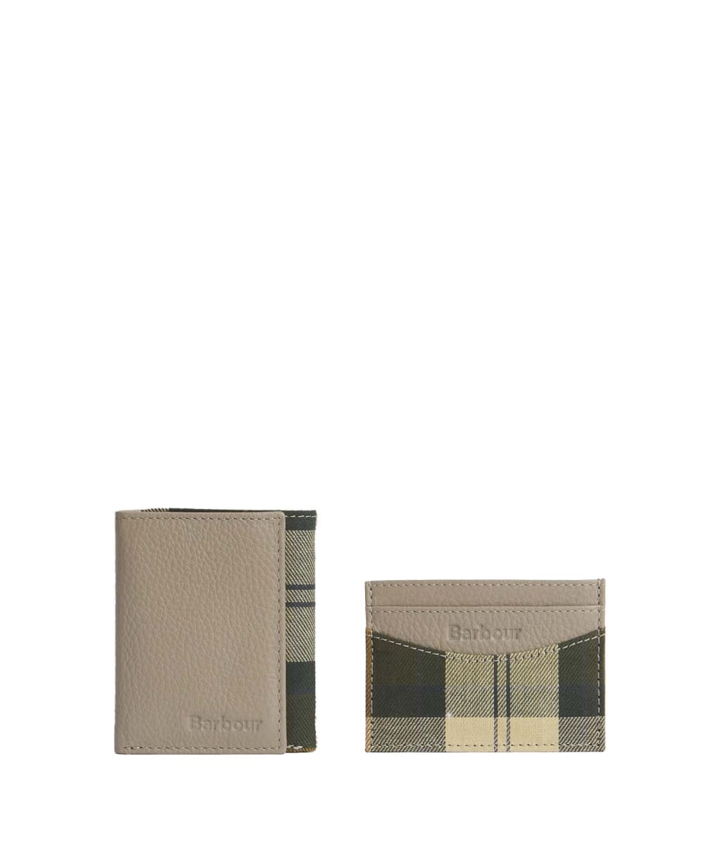 Men's Barbour Cresswell Leather Trifold And Card Holder Gift Set - Concrete / Ancient