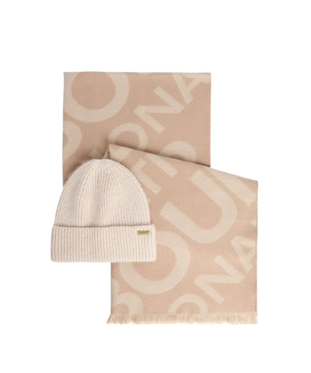 Women's Barbour International Pendle Beanie & Kenna Scarf Gift Set - Moonbeam / Camel