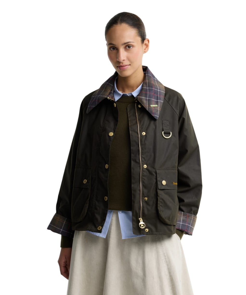 Women's Barbour Icons Tartan Collar Spey Waxed Jacket - Olive / Classic Tartan