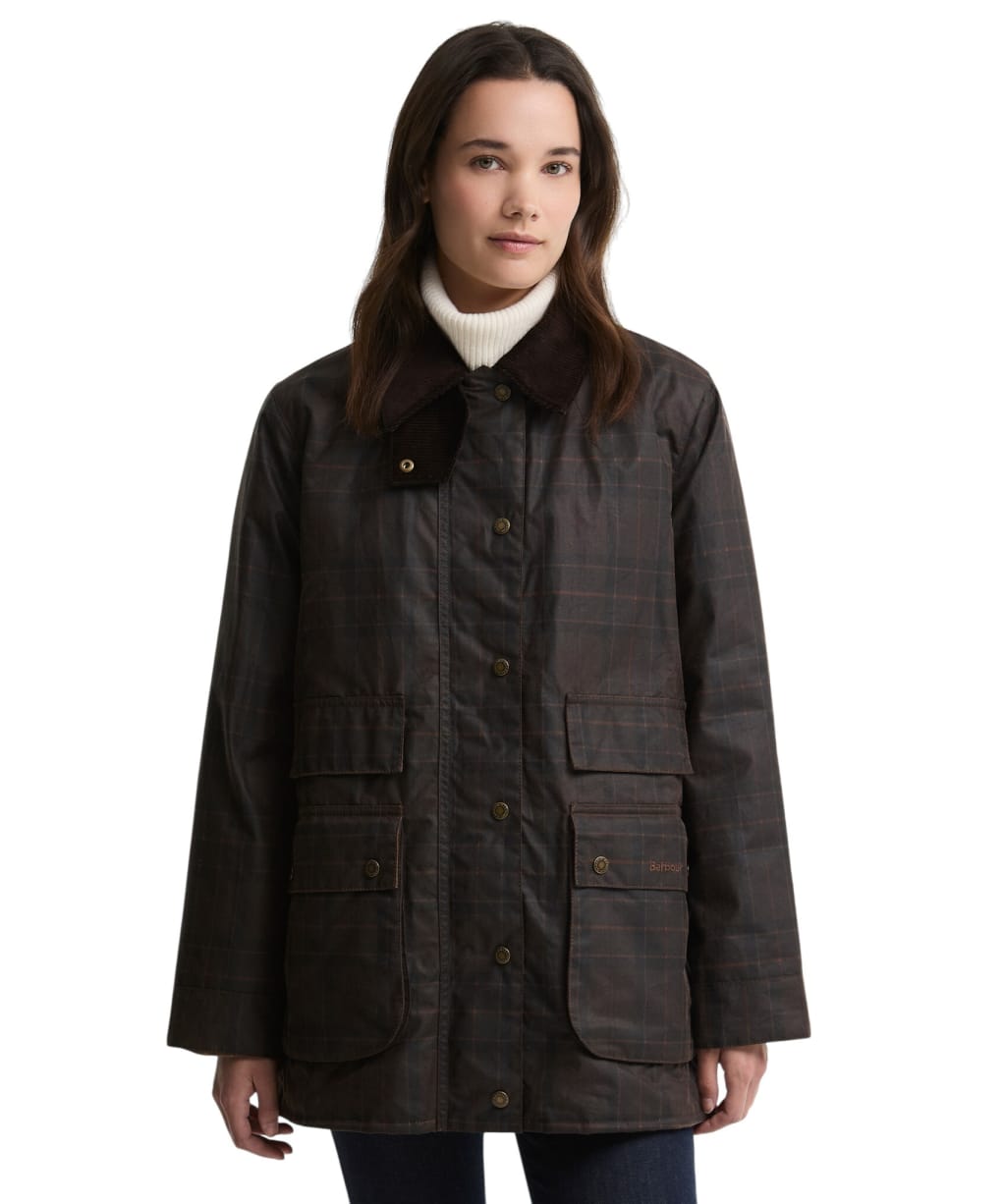 Women's Barbour Modern Checked Border Waxed Jacket - Muted Tartan