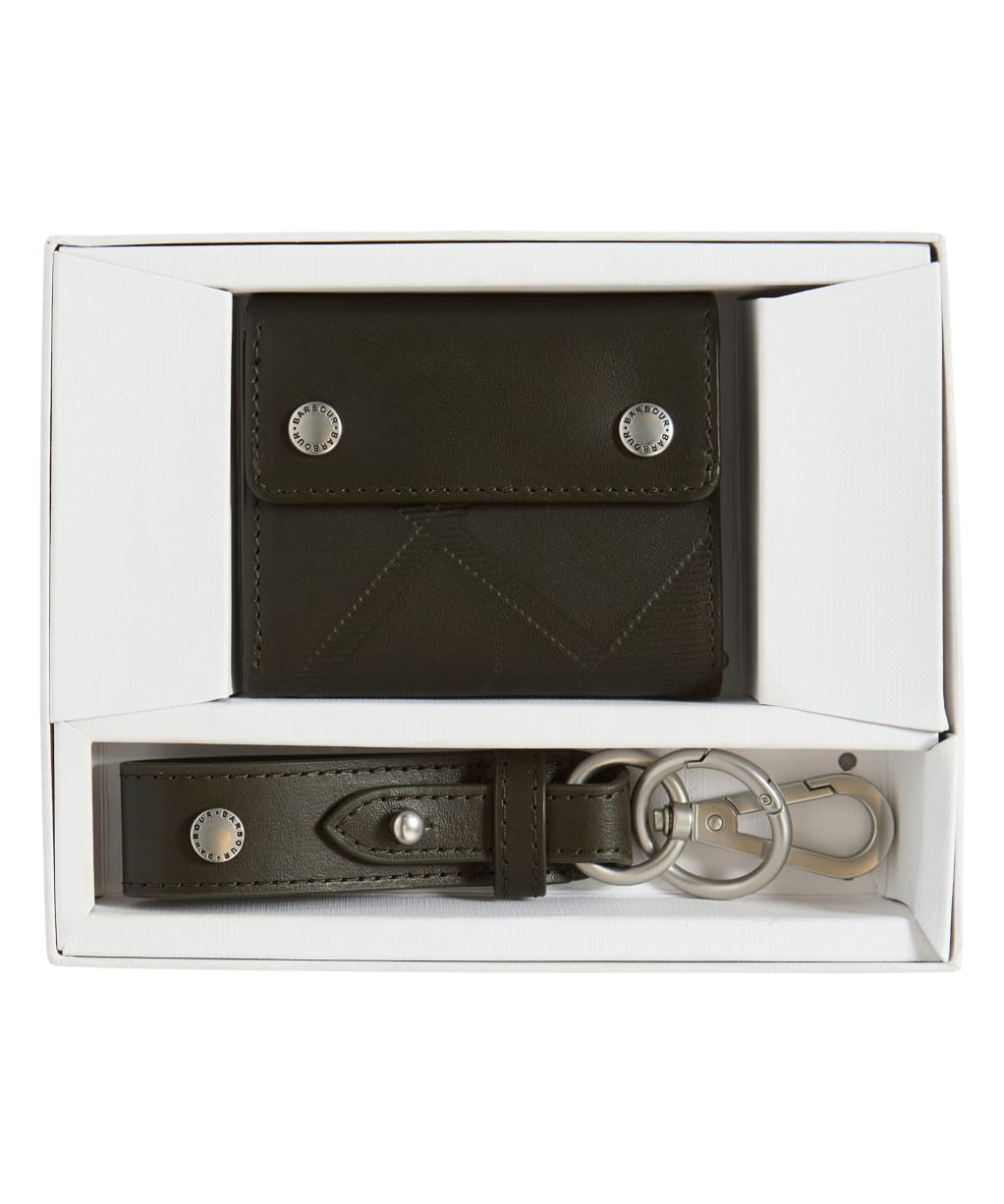 Men's Barbour Brunton Leather Wallet & Key Fob Gift Set - Dark Olive