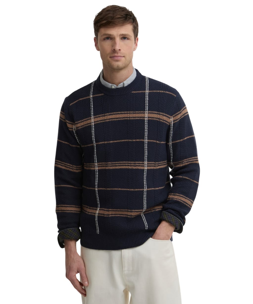 Men's Barbour Fasey Cable Tartan Crew Neck Knitted Jumper - Navy